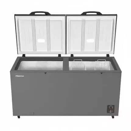 Charcoal chest freezer with both lids open and two wire baskets inside