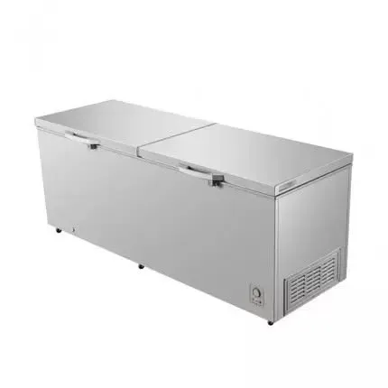 Brushed stainless steel chest freezer with two closed lids