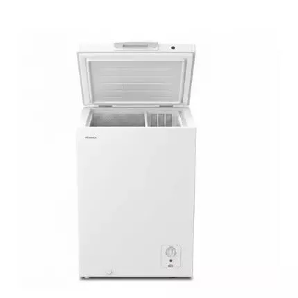 White chest freezer with the lid open showing basket dividers